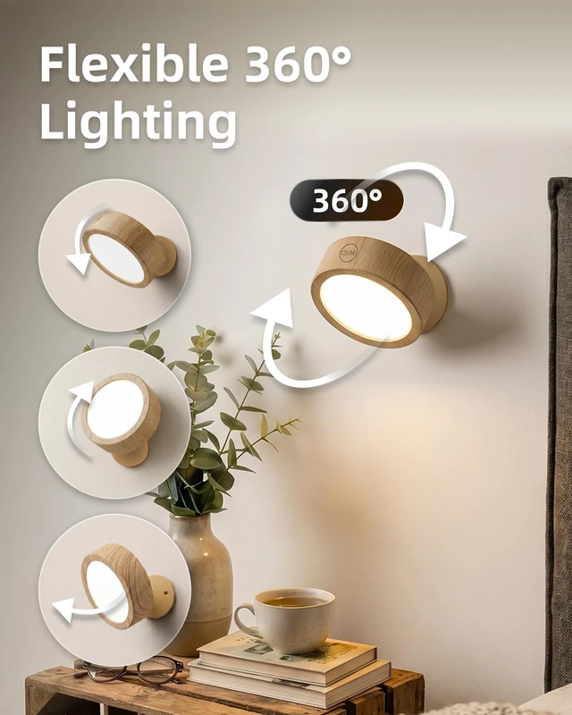 Alt view image 5 of 7 - LED Wall Mounted Light, 3000mAh Rechargeable Cordless Wall Sconce, Dimmable with Remote & Touch Control, 3 Color Temps, 360° Rotatable for Bedroom, Living Room, Apartment, Renters (Wood, 2Pack)