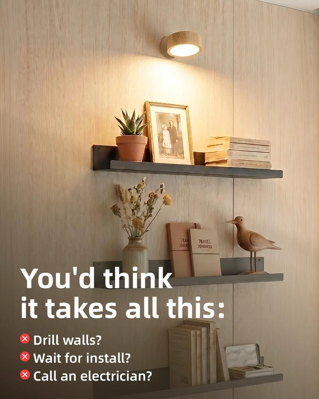 Alt view image 3 of 7 - LED Wall Mounted Light, 3000mAh Rechargeable Cordless Wall Sconce, Dimmable with Remote & Touch Control, 3 Color Temps, 360° Rotatable for Bedroom, Living Room, Apartment, Renters (Wood, 2Pack)