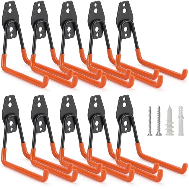 Main image of 10 Pack Garage Hooks Heavy Duty Storage Organizer Wall Mount Power and Garden Tool Hangers, for Hanging Ladders, Ropes, Hose, Bulk Items