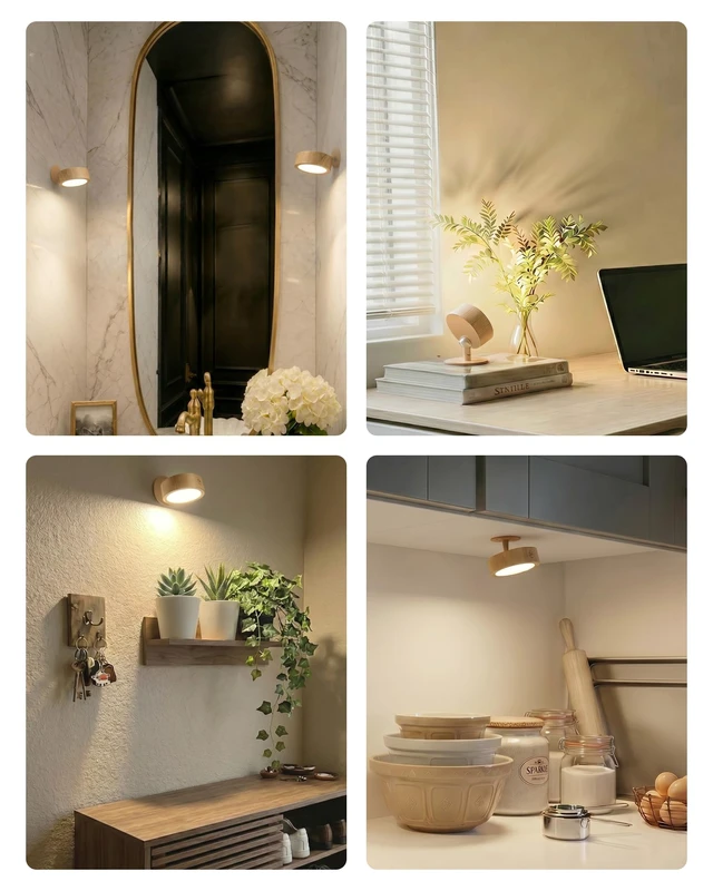 Alt view image 7 of 7 - LED Wall Mounted Light, 3000mAh Rechargeable Cordless Wall Sconce, Dimmable with Remote & Touch Control, 3 Color Temps, 360° Rotatable for Bedroom, Living Room, Apartment, Renters (Wood, 2Pack)
