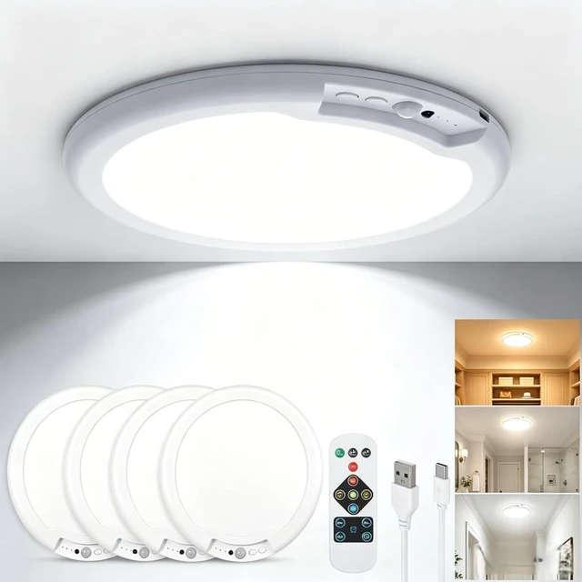 Main image of Rechargeable Ceiling Light 4 Pack, Magnetic Battery Operated Ceiling Light Wireless Motion Sensor Dimmable Led Ceiling Lights With 3 Colors for Closet Shower Stairs Hallway Shed Pantry Laundry