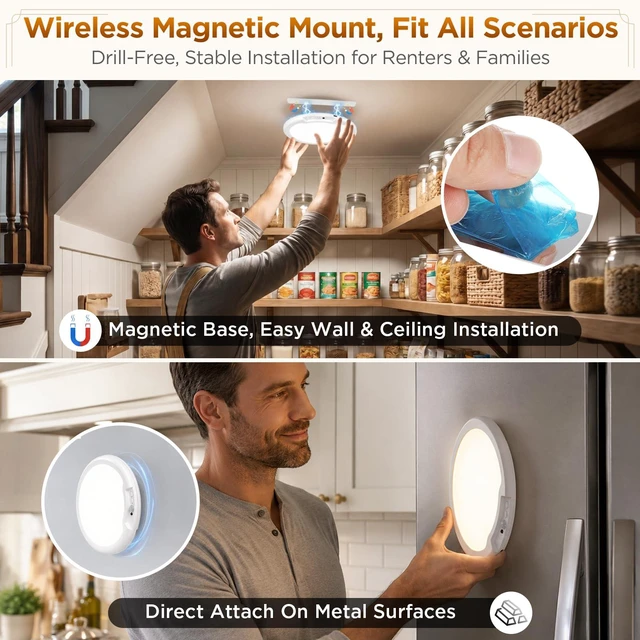 Alt view image 6 of 7 - Rechargeable Ceiling Light 4 Pack, Magnetic Battery Operated Ceiling Light Wireless Motion Sensor Dimmable Led Ceiling Lights With 3 Colors for Closet Shower Stairs Hallway Shed Pantry Laundry