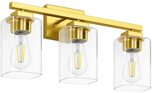 Main image of 19 Bathroom Light Fixtures Over Mirror, 3-Light Gold Vanity Light Square Clear Glass & Durable Metal, Quick & Easy Installation, Standard E26 Socket, Bright Bathroom Lighting