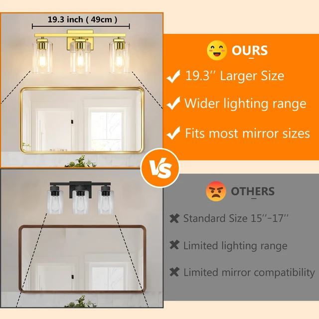 Alt view image 2 of 7 - 19 Bathroom Light Fixtures Over Mirror, 3-Light Gold Vanity Light Square Clear Glass & Durable Metal, Quick & Easy Installation, Standard E26 Socket, Bright Bathroom Lighting
