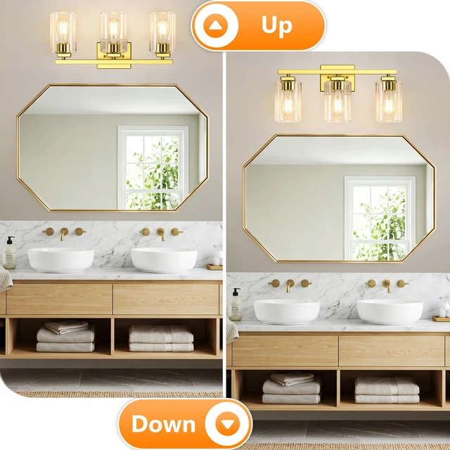 Alt view image 3 of 7 - 19 Bathroom Light Fixtures Over Mirror, 3-Light Gold Vanity Light Square Clear Glass & Durable Metal, Quick & Easy Installation, Standard E26 Socket, Bright Bathroom Lighting