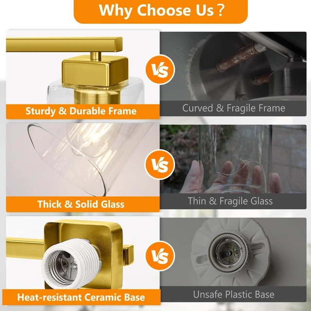 Alt view image 5 of 7 - 19 Bathroom Light Fixtures Over Mirror, 3-Light Gold Vanity Light Square Clear Glass & Durable Metal, Quick & Easy Installation, Standard E26 Socket, Bright Bathroom Lighting