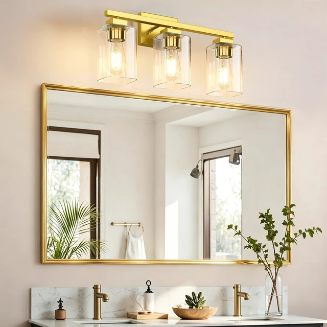 Alt view image 7 of 7 - 19 Bathroom Light Fixtures Over Mirror, 3-Light Gold Vanity Light Square Clear Glass & Durable Metal, Quick & Easy Installation, Standard E26 Socket, Bright Bathroom Lighting
