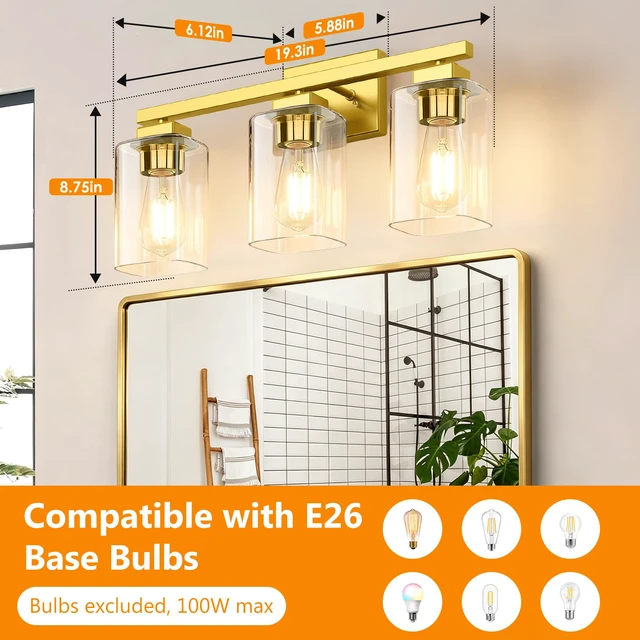 Alt view image 4 of 7 - 19 Bathroom Light Fixtures Over Mirror, 3-Light Gold Vanity Light Square Clear Glass & Durable Metal, Quick & Easy Installation, Standard E26 Socket, Bright Bathroom Lighting