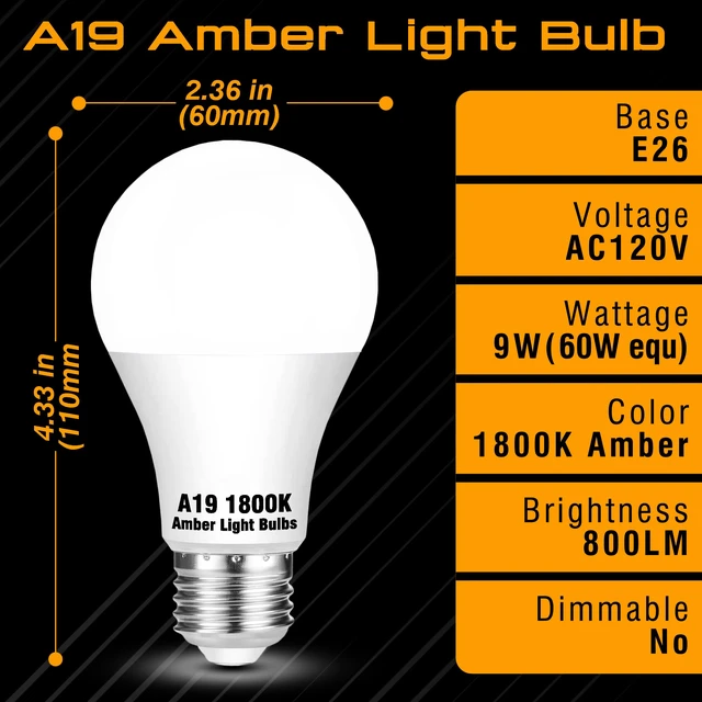 Alt view image 2 of 7 - A19 Amber Light Bulbs 1800K,9W Warm Light Bulb 800Lm, Blue Light Blocking Orange Yellow Light Bulb 60 Watt Equivalent, E26 Base for Healthy Sleep, Bedroom, Porch, Patio Lighting, Non-Dimmable, 2 Pack