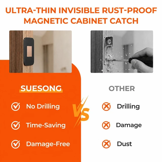 Alt view image 7 of 7 - 8 Pack Cabinet Magnets for Closure, Black, No Drill Ultra-Thin 15 lb hold, embedded magnet, stainless steel, 32 thin and thick adhesive pads, easy-peel tabs, kitchens and closets