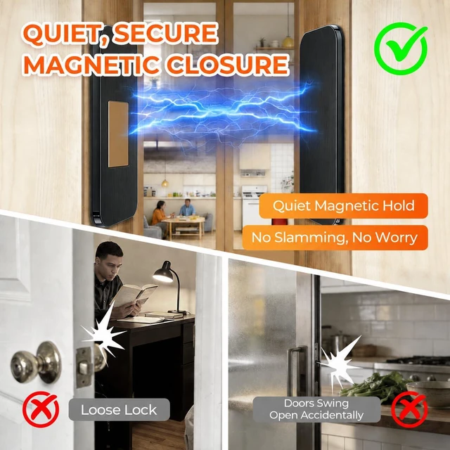 Alt view image 3 of 7 - 8 Pack Cabinet Magnets for Closure, Black, No Drill Ultra-Thin 15 lb hold, embedded magnet, stainless steel, 32 thin and thick adhesive pads, easy-peel tabs, kitchens and closets