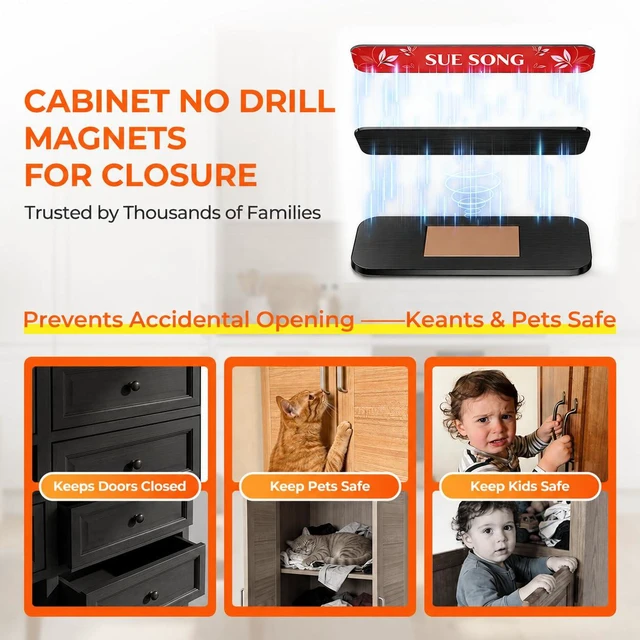 Alt view image 2 of 7 - 8 Pack Cabinet Magnets for Closure, Black, No Drill Ultra-Thin 15 lb hold, embedded magnet, stainless steel, 32 thin and thick adhesive pads, easy-peel tabs, kitchens and closets