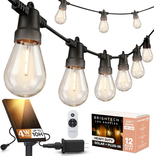Main image of Ambience Hybrid Outdoor String Lights - Dual Plug and Solar Powered Waterproof LED Light String for Outside - 27 Ft, Dimmable 4W, Soft White Edison Bulbs for Camping, Patio, Cafe, Yard