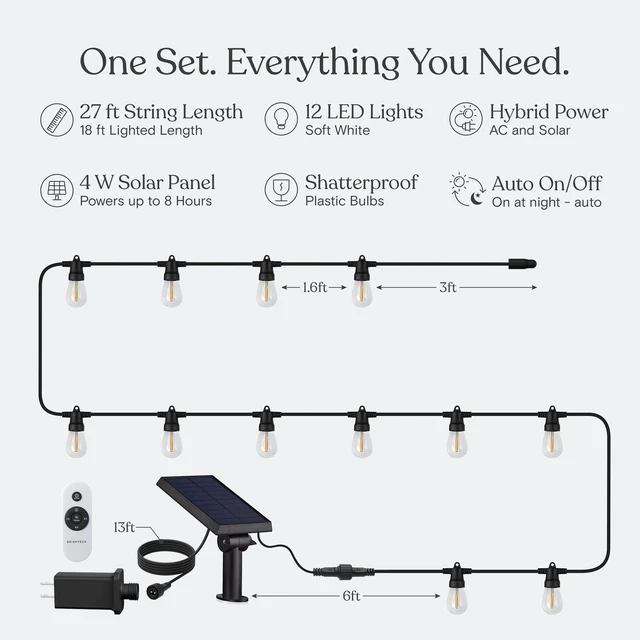 Alt view image 5 of 7 - Ambience Hybrid Outdoor String Lights - Dual Plug and Solar Powered Waterproof LED Light String for Outside - 27 Ft, Dimmable 4W, Soft White Edison Bulbs for Camping, Patio, Cafe, Yard
