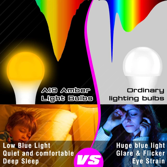 Alt view image 3 of 7 - A19 Amber Light Bulbs 1800K,9W Warm Light Bulb 800Lm, Blue Light Blocking Orange Yellow Light Bulb 60 Watt Equivalent, E26 Base for Healthy Sleep, Bedroom, Porch, Patio Lighting, Non-Dimmable, 2 Pack