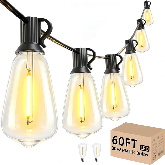 Main image of Outdoor String Lights 60 FT, Patio Light Waterproof 32 LED Bulbs Shatterproof ST38 Edison Bulb, Hanging Lighting Connectable For Outside Bistro Cafe Market Porch, Dimmable 2700K