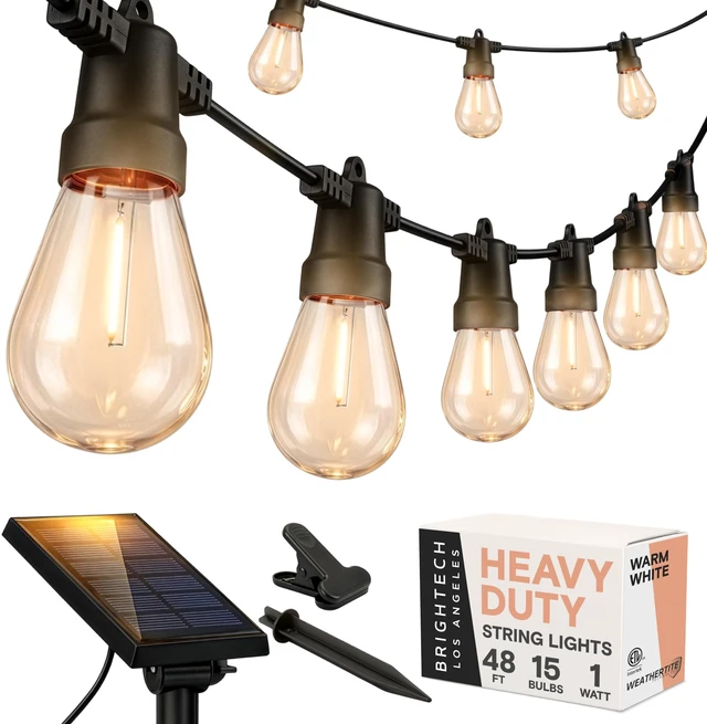 Main image of Ambience Pro Solar Powered Outdoor String Lights, 48 ft Commercial Grade Waterproof Patio Lights, 15 Edison Bulbs, Shatterproof LED String Lights for Outside, Porch - 1W Warm White