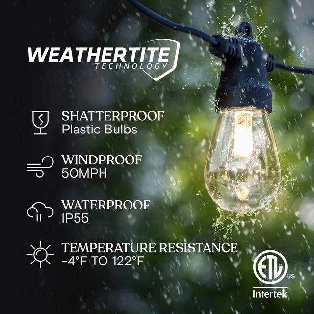 Alt view image 2 of 7 - Ambience Pro Solar Powered Outdoor String Lights, 48 ft Commercial Grade Waterproof Patio Lights, 15 Edison Bulbs, Shatterproof LED String Lights for Outside, Porch - 1W Warm White