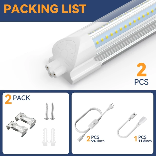 Alt view image 6 of 7 - 1.5FT LED Shop Light, 20W Under Cabinet Lighting 6000K, V-Shape 18" T8 Tube Fixtures, Linkable Under Counter Lights for Kitchen, Workbench, Workshop, Plug and Play, ETL Listed, 2 Pack