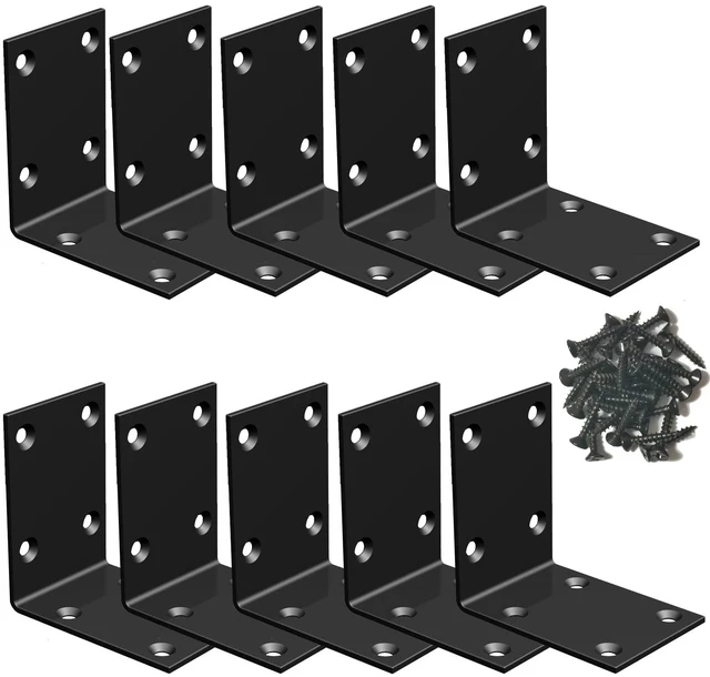 Main image of Black Stainless Steel Corner Bracket L Brackets Metal Corner Brace 10Pcs, 2.8x2.8x2(inch), Heavy Duty Metal Anger Bracket for Wood Corner/Shelf Supporter