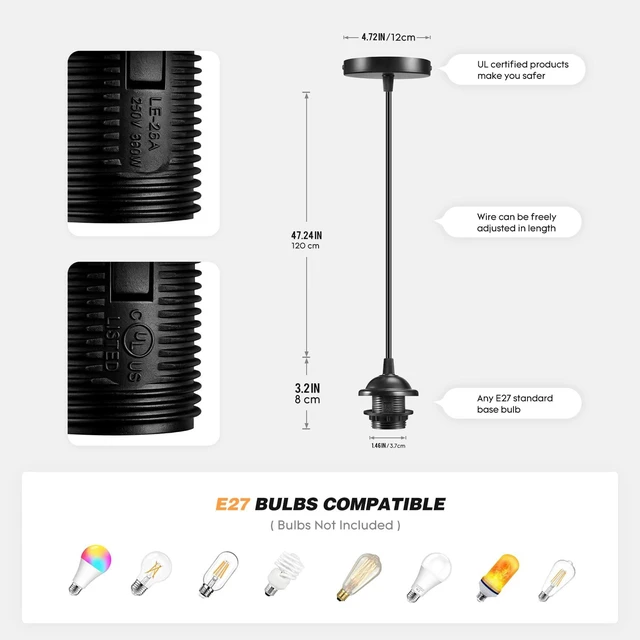 Alt view image 3 of 5 - Black Pendant Light Kit, Vintage Hanging Light Kit, Hardwired Lamp Kit E26 E27 Ceiling Pendant Light Fixture, Adjustable Lamp Socket Pendant Light Wiring Kit Ceiling Light Kit, No Bulb