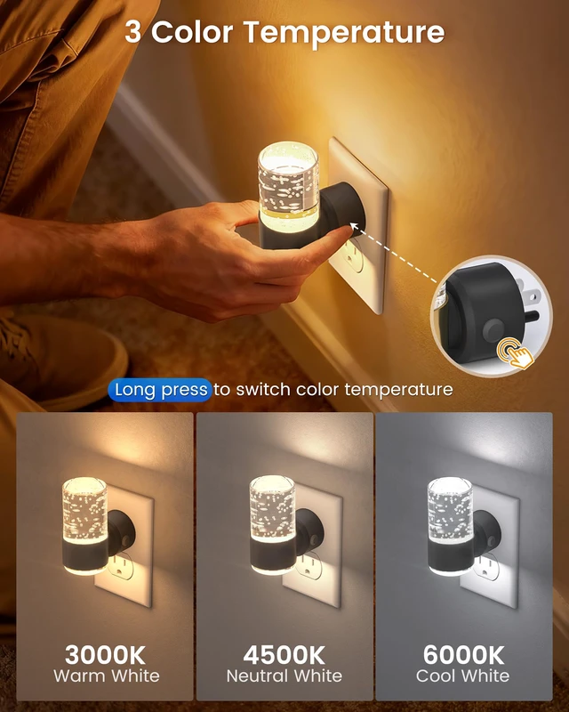 Alt view image 4 of 6 - Night Light Plug into Wall, Dimmable Nights Lights with 3 CCT & 5 Brightness Levels, Slim Acrylic Plug in Night Light, Auto Dusk to Dawn Sensor for Stairs, Hallway, Bathroom(2 Pack, Black)
