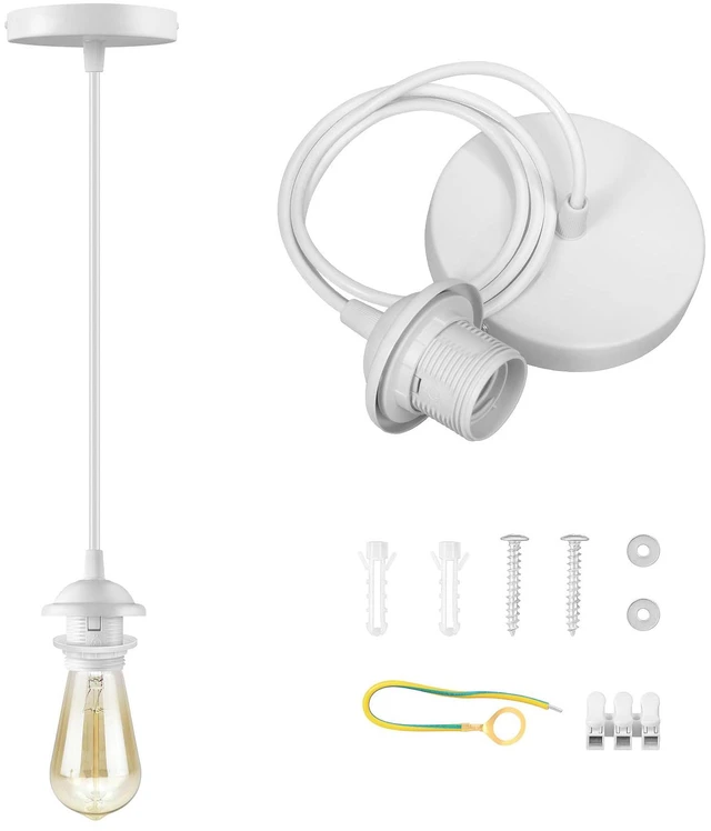 Main image of White Pendant Light Kit, Vintage Hanging Light Kit, Hardwired Lamp Kit E26 E27 Ceiling Pendant Light Fixture, Adjustable Lamp Socket Pendant Light Wiring Kit Ceiling Light Kit, No Bulb