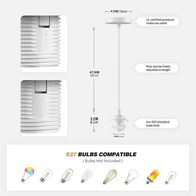 Alt view image 3 of 5 - White Pendant Light Kit, Vintage Hanging Light Kit, Hardwired Lamp Kit E26 E27 Ceiling Pendant Light Fixture, Adjustable Lamp Socket Pendant Light Wiring Kit Ceiling Light Kit, No Bulb