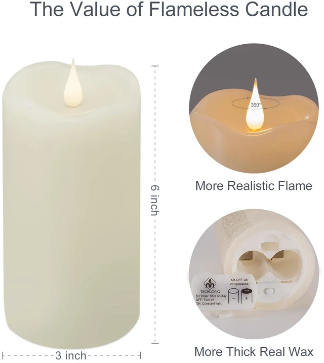 Alt view image 2 of 7 - Flickering Flameless Candles with 3D Moving Flame, Last 1000+ Hours Battery Operated Candles with Timer, Ivory Real Wax Pillar Electric LED Candle for Wedding Christmas Party/3" x 6"