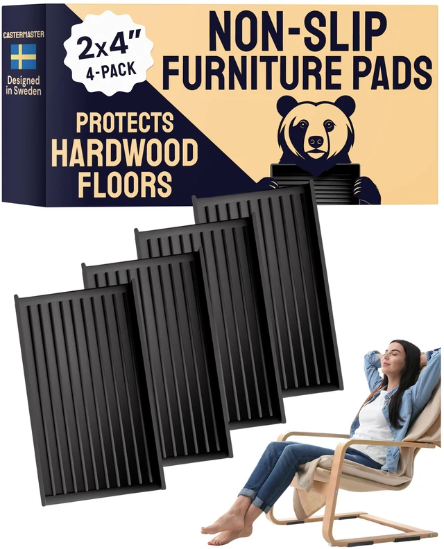 Main image of Rectangular Rubber Pads - 2x4 in Black, 4 Pack Anti-skid rectangular caster cups - Use for chairs & furniture, non-slip floor protection