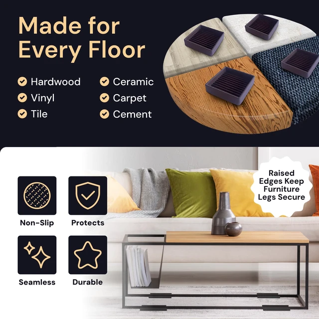 Alt view image 4 of 7 - Rectangular Rubber Pads - 2x4 in Black, 4 Pack Anti-skid rectangular caster cups - Use for chairs & furniture, non-slip floor protection