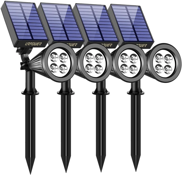 Main image of Solar Spot Lights Outdoor Adjustable Spotlights, 4 Pack Cool White 25 Ft Focused Beam, Dual Brightness Modes, IP65 Waterproof, Long Runtime, Ground or Wall Mount, Auto On/Off for Landscape