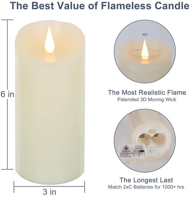 Alt view image 2 of 7 - Flameless Candles Flickering 3D Moving Flame, Last 1000+ Hours Battery Operated Candles with Timer, Ivory Real Wax Electric LED Pillar Candles for Home Wedding Decoration | 3" x 6"