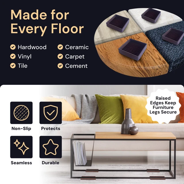 Alt view image 4 of 7 - Rectangular Rubber Pads - 2x4 in Brown, 4 Pack Non-slip rectangular caster cups - quiet feet - Use for chairs & furniture on hardwood floors