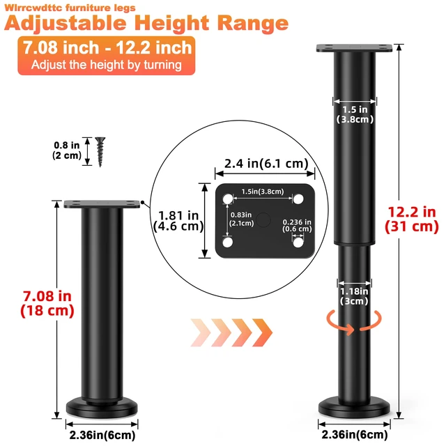 Alt view image 2 of 7 - 4 Pcs Adjustable Bed Center Support Legs 7.08-12.2 inch for Bed Frame/Bed Center Slat, Metal Adjustable Furniture Legs for Bed/Cabinet/Sofa/Dresser/Couch/Table, Heavy Bed Legs Replacement