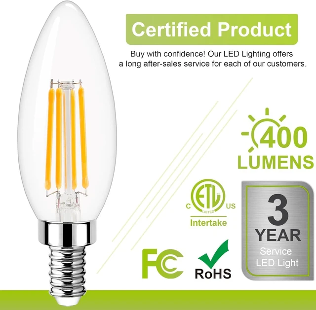 Alt view image 3 of 7 - Dimmable Candelabra LED Light Bulb 40W Equivalent, E12 Chandelier Light Bulbs Warm White 3000K, 400LM, CRI 85+, B11 Type B Ceiling Fan Bulb 4W, Clear Filament Candle Light Bulbs Small Base, 12 Pack
