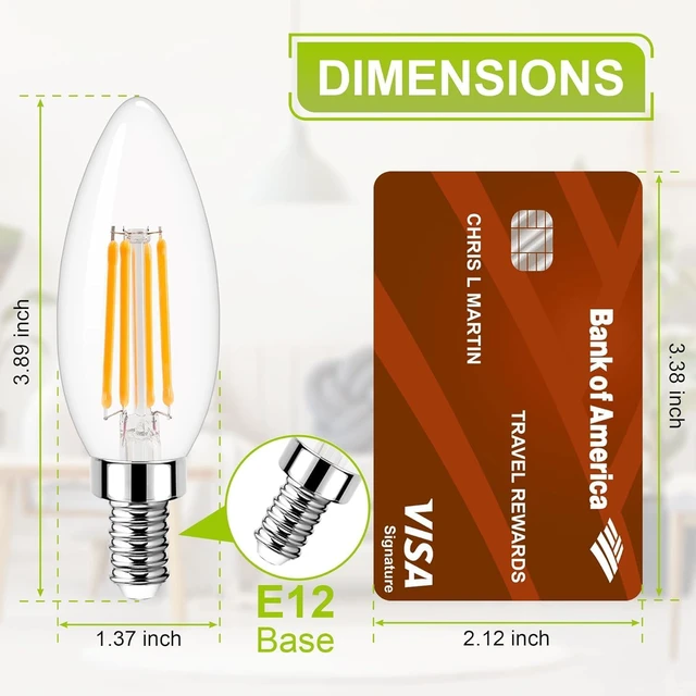 Alt view image 6 of 7 - Dimmable Candelabra LED Light Bulb 40W Equivalent, E12 Chandelier Light Bulbs Warm White 3000K, 400LM, CRI 85+, B11 Type B Ceiling Fan Bulb 4W, Clear Filament Candle Light Bulbs Small Base, 12 Pack