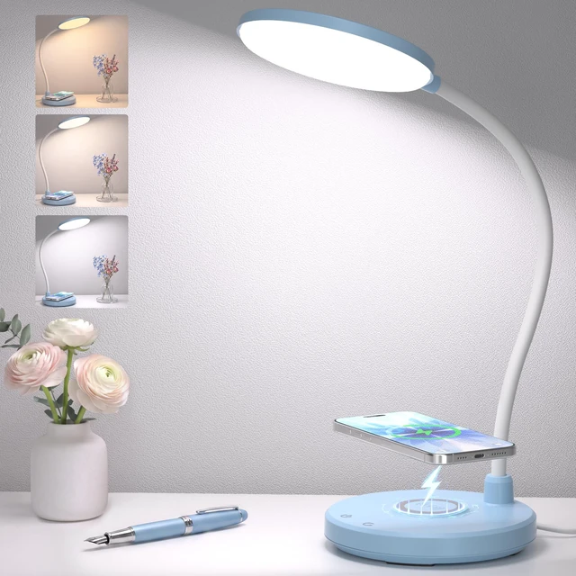 Main image of Blue Desk Lamp, Table Lamp with Wireless Charger, 800LM, CRI95+ 3 Color Modes, Stepless Dimming, Small Desk Lamp with Adjustable Neck, Desk Light for Reading, Bedside, Dorm, with Adapter