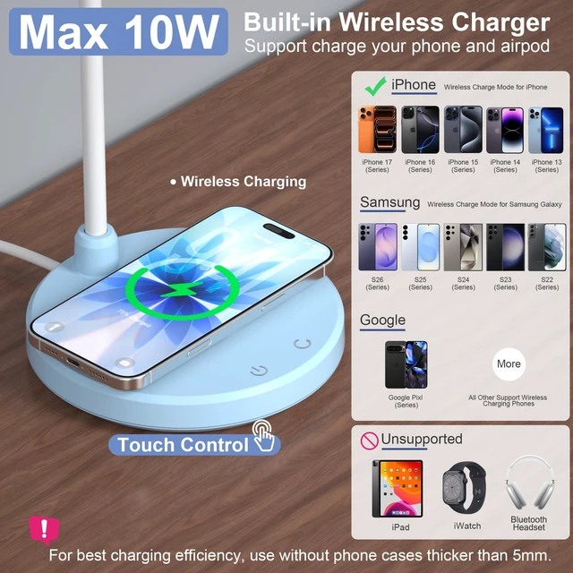 Alt view image 2 of 7 - Blue Desk Lamp, Table Lamp with Wireless Charger, 800LM, CRI95+ 3 Color Modes, Stepless Dimming, Small Desk Lamp with Adjustable Neck, Desk Light for Reading, Bedside, Dorm, with Adapter