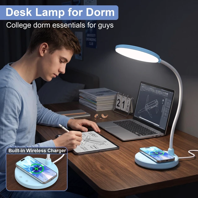 Alt view image 3 of 7 - Blue Desk Lamp, Table Lamp with Wireless Charger, 800LM, CRI95+ 3 Color Modes, Stepless Dimming, Small Desk Lamp with Adjustable Neck, Desk Light for Reading, Bedside, Dorm, with Adapter
