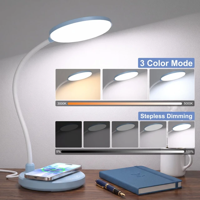Alt view image 4 of 7 - Blue Desk Lamp, Table Lamp with Wireless Charger, 800LM, CRI95+ 3 Color Modes, Stepless Dimming, Small Desk Lamp with Adjustable Neck, Desk Light for Reading, Bedside, Dorm, with Adapter
