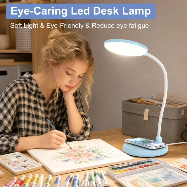 Alt view image 5 of 7 - Blue Desk Lamp, Table Lamp with Wireless Charger, 800LM, CRI95+ 3 Color Modes, Stepless Dimming, Small Desk Lamp with Adjustable Neck, Desk Light for Reading, Bedside, Dorm, with Adapter