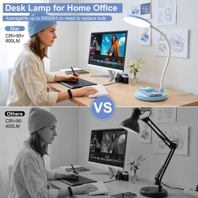 Alt view image 6 of 7 - Blue Desk Lamp, Table Lamp with Wireless Charger, 800LM, CRI95+ 3 Color Modes, Stepless Dimming, Small Desk Lamp with Adjustable Neck, Desk Light for Reading, Bedside, Dorm, with Adapter