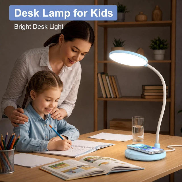 Alt view image 7 of 7 - Blue Desk Lamp, Table Lamp with Wireless Charger, 800LM, CRI95+ 3 Color Modes, Stepless Dimming, Small Desk Lamp with Adjustable Neck, Desk Light for Reading, Bedside, Dorm, with Adapter
