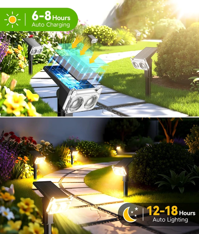 Alt view image 2 of 7 - Solar Lights Outdoor Waterproof IP65, 4 Pack Solar Spot Lights Outdoor with 14 Big LEDs, 2-in-1 Wall Lights & 2 Modes Solar Landscape Spotlights for Pathway Yard Decor Garden Gifts (Warm White)