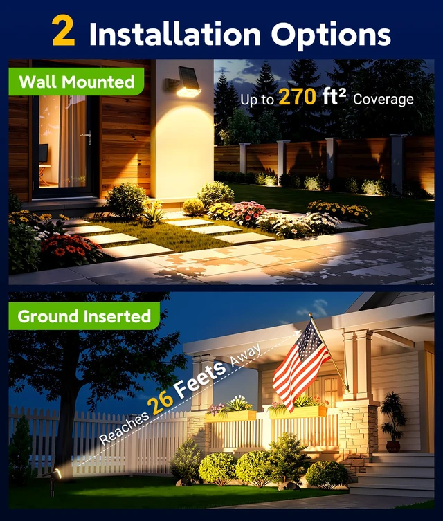 Alt view image 4 of 7 - Solar Lights Outdoor Waterproof IP65, 4 Pack Solar Spot Lights Outdoor with 14 Big LEDs, 2-in-1 Wall Lights & 2 Modes Solar Landscape Spotlights for Pathway Yard Decor Garden Gifts (Warm White)