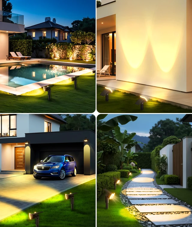 Alt view image 7 of 7 - Solar Lights Outdoor Waterproof IP65, 4 Pack Solar Spot Lights Outdoor with 14 Big LEDs, 2-in-1 Wall Lights & 2 Modes Solar Landscape Spotlights for Pathway Yard Decor Garden Gifts (Warm White)