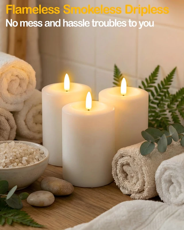 Alt view image 5 of 7 - 3"x6" Flickering Flameless Candles with Remote Timer, LED Candles Set of 3 White Battery Operated Candles, Fake Pillar Candles for Fireplace, Centerpiece and Rustic Decor (Real Wax)