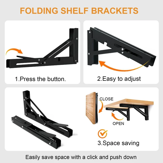 Alt view image 3 of 7 - Folding Shelf Brackets - Heavy Duty Metal Collapsible Shelf Bracket for Bench Table, Shelf Hinge Wall Mounted Space Saving DIY Bracket, Max Load: 150 lb (24 Inch, Black)