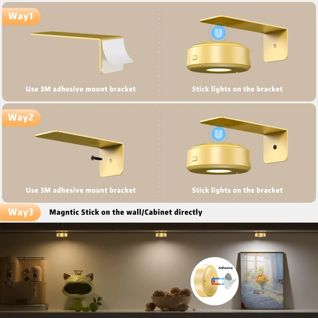 Alt view image 4 of 7 - 6 Pcs Picture Lights, Rechargeable Battery Operated Dimmable 3-Color Wall Light with Remote & Timer for Paintings, Artwork, Gallery, Wall Decor, Photo Frames